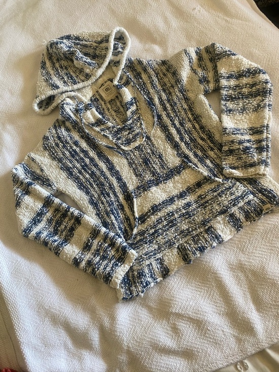 Rip Curl Sweaters - Rip Curl Cream and Blue Striped Hooded V-Neck Pullover